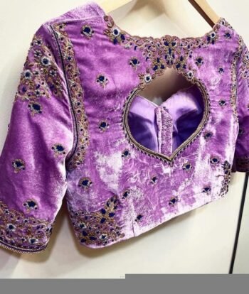 Lavender Velvet Saree Blouse: Hand Embroidered Zardosi Crop Top