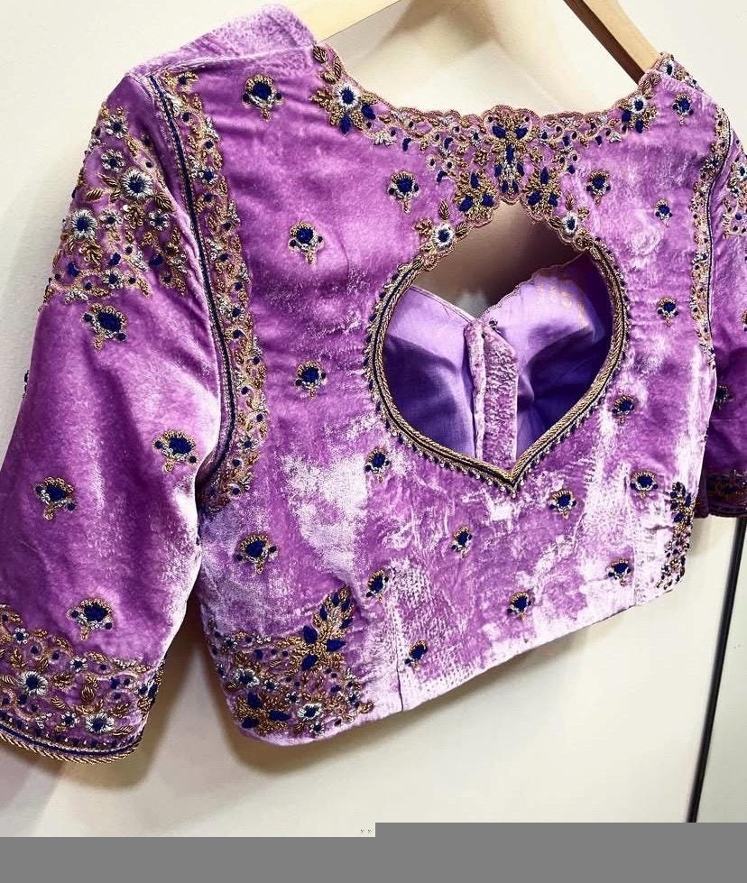 Lavender Velvet Saree Blouse: Hand Embroidered Zardosi Crop Top