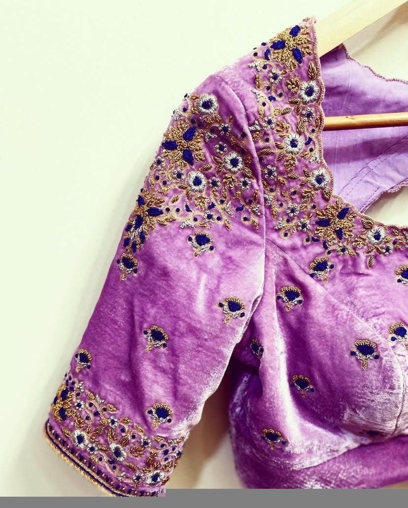 Lavender Velvet Saree Blouse: Hand Embroidered Zardosi Crop Top