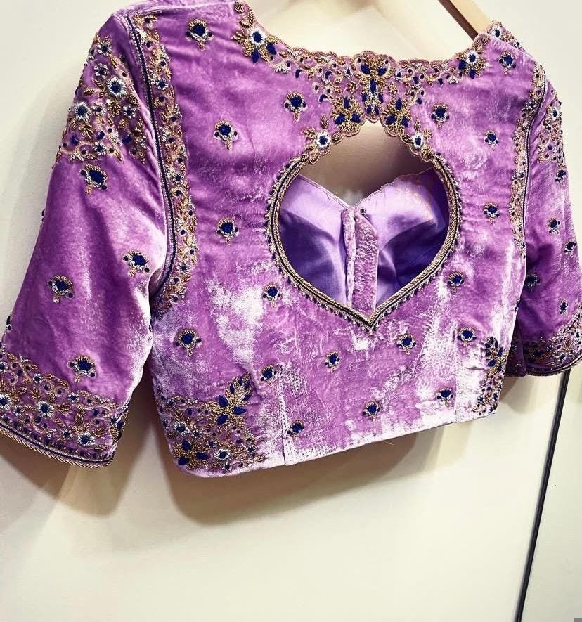 Lavender Velvet Saree Blouse: Hand Embroidered Zardosi Crop Top