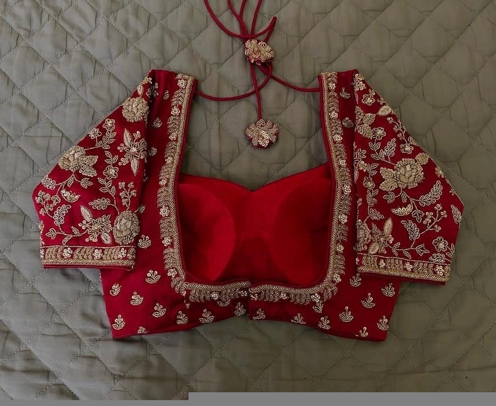 Red Silk Saree Blouse: Hand Embroidered Zardosi Maggam,red maggam work blouse,plus size blouse,mix and match blouse,maggam work blouse,red