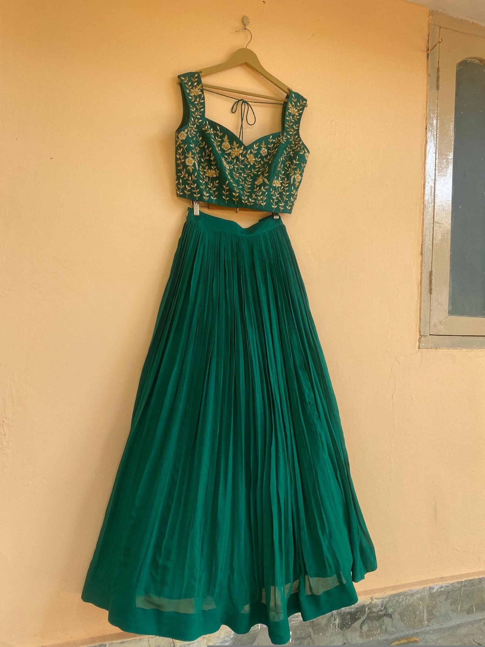 Green Lehenga Set: Hand Embroidered Silk Crop Top Skirt, blue lehenga set, cape lehenga set,teens lehenga,wedding lehenga,green hand work bl