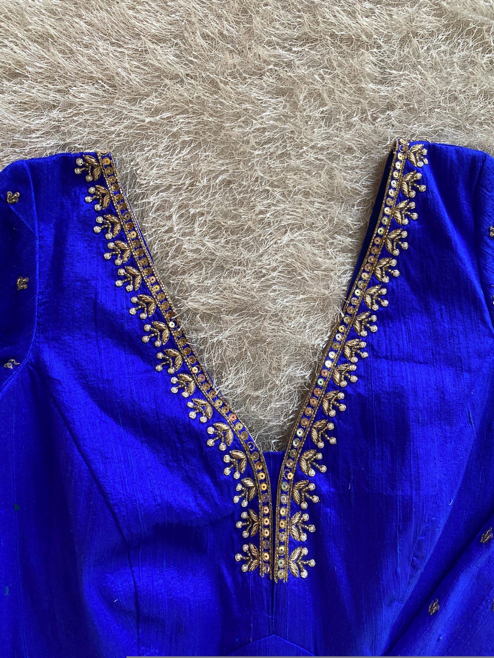 Royal Blue Silk Saree Blouse: Hand Embroidered Zardosi Maggam, Full Sleeve