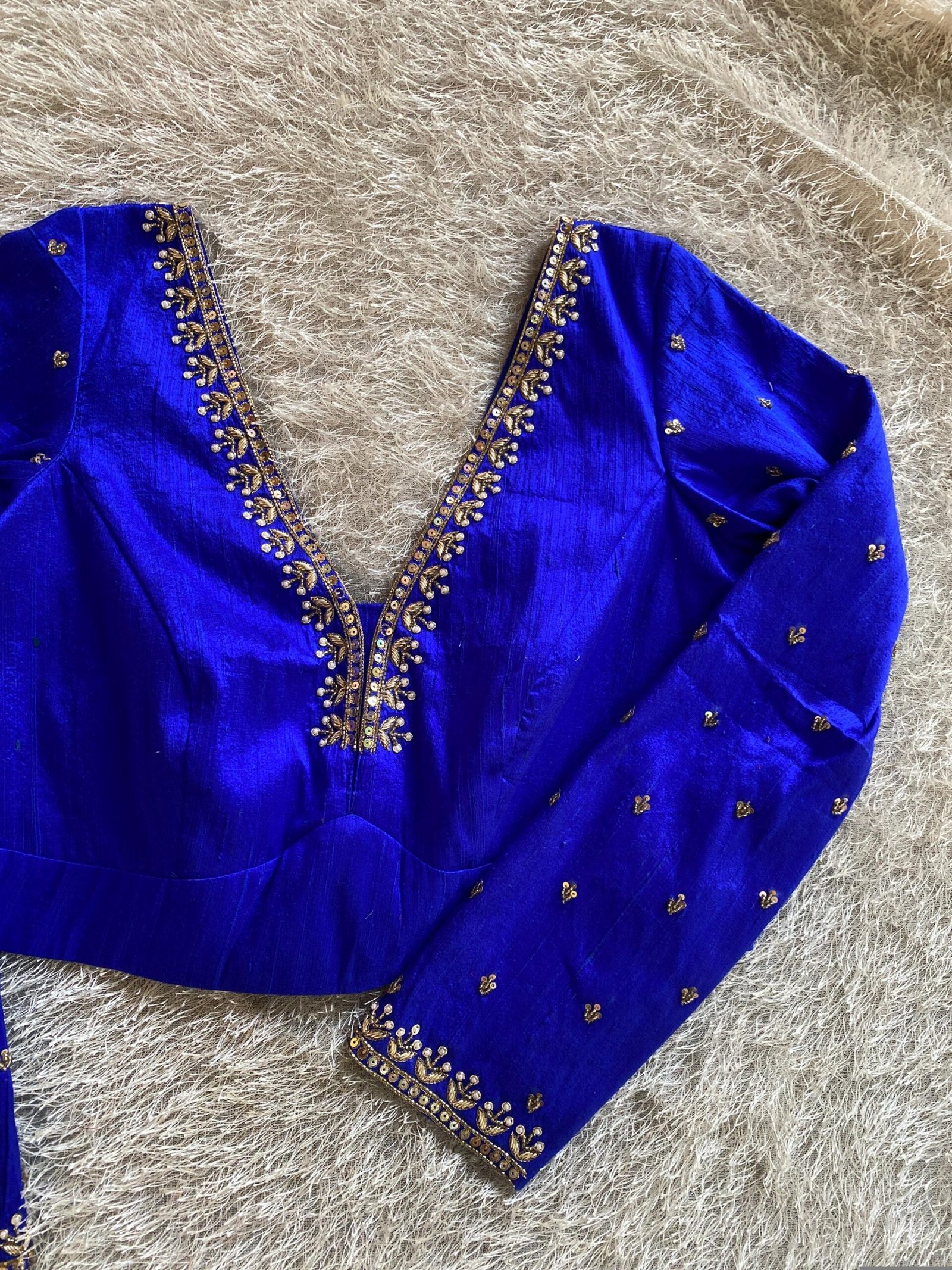 Royal Blue Silk Saree Blouse: Hand Embroidered Zardosi Maggam, Full Sleeve