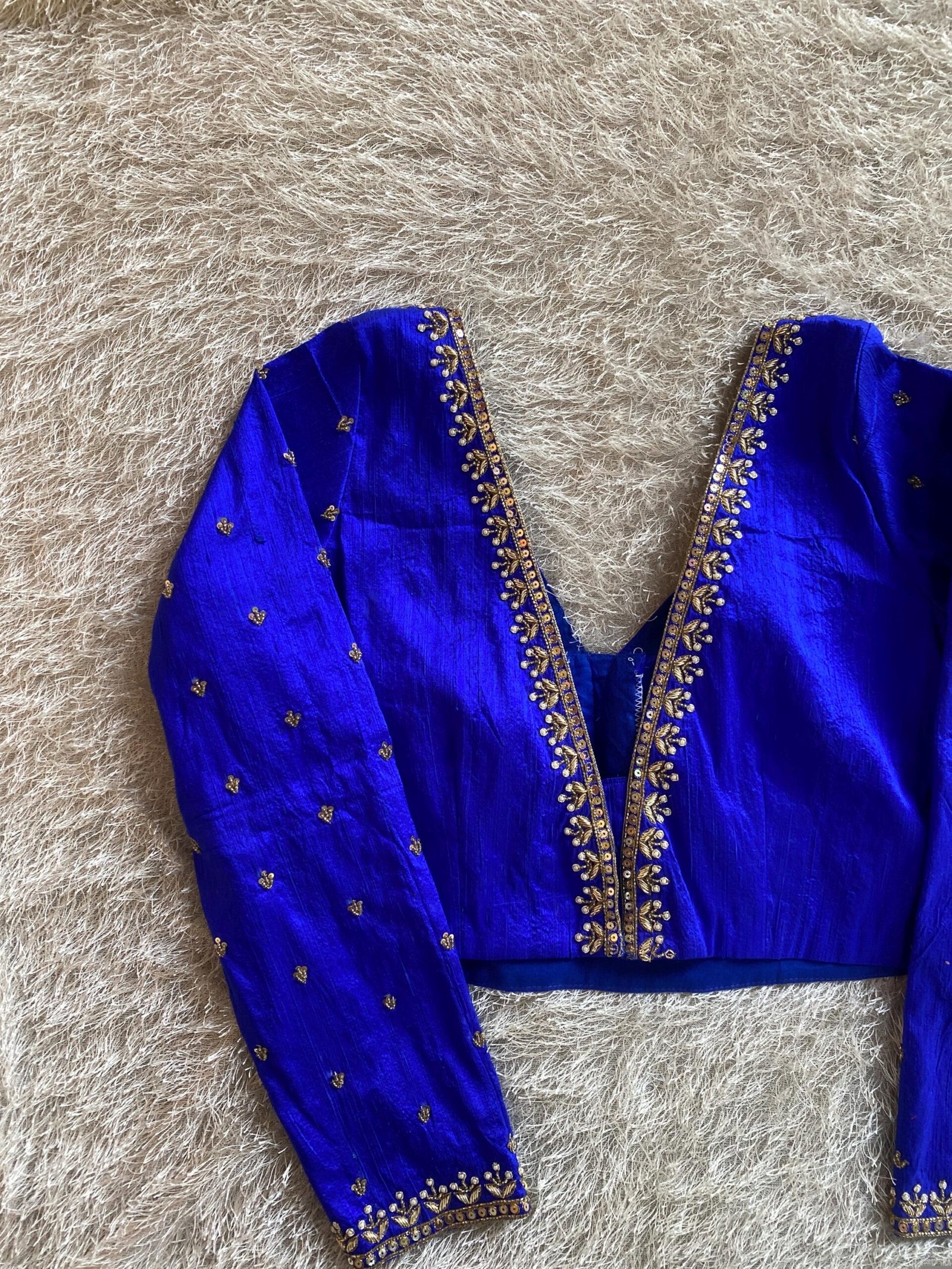 Royal Blue Silk Saree Blouse: Hand Embroidered Zardosi Maggam, Full Sleeve