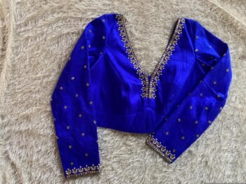 Royal Blue Silk Saree Blouse: Hand Embroidered Zardosi Maggam, Full Sleeve