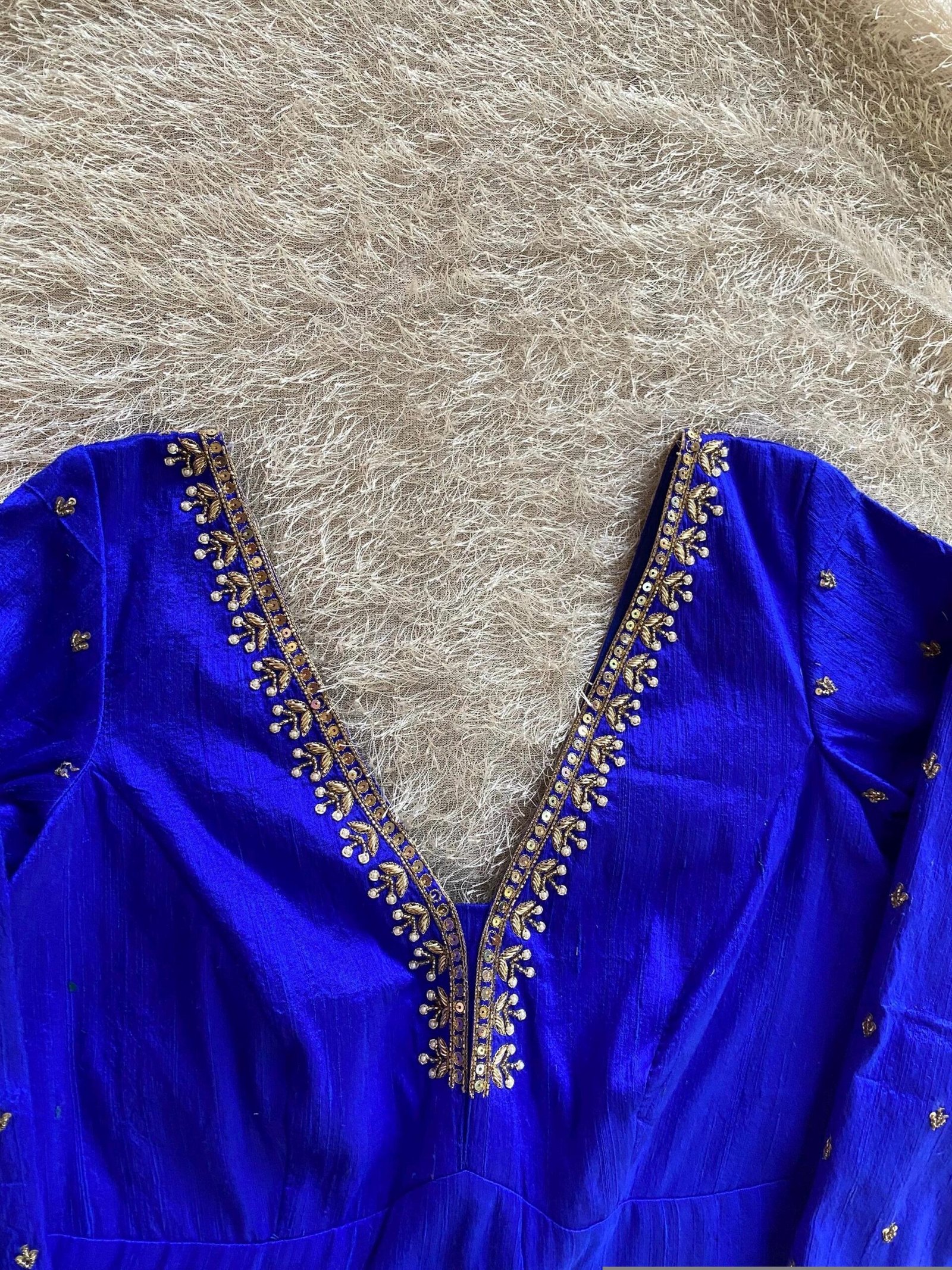 Royal Blue Silk Saree Blouse: Hand Embroidered Zardosi Maggam, Full Sleeve