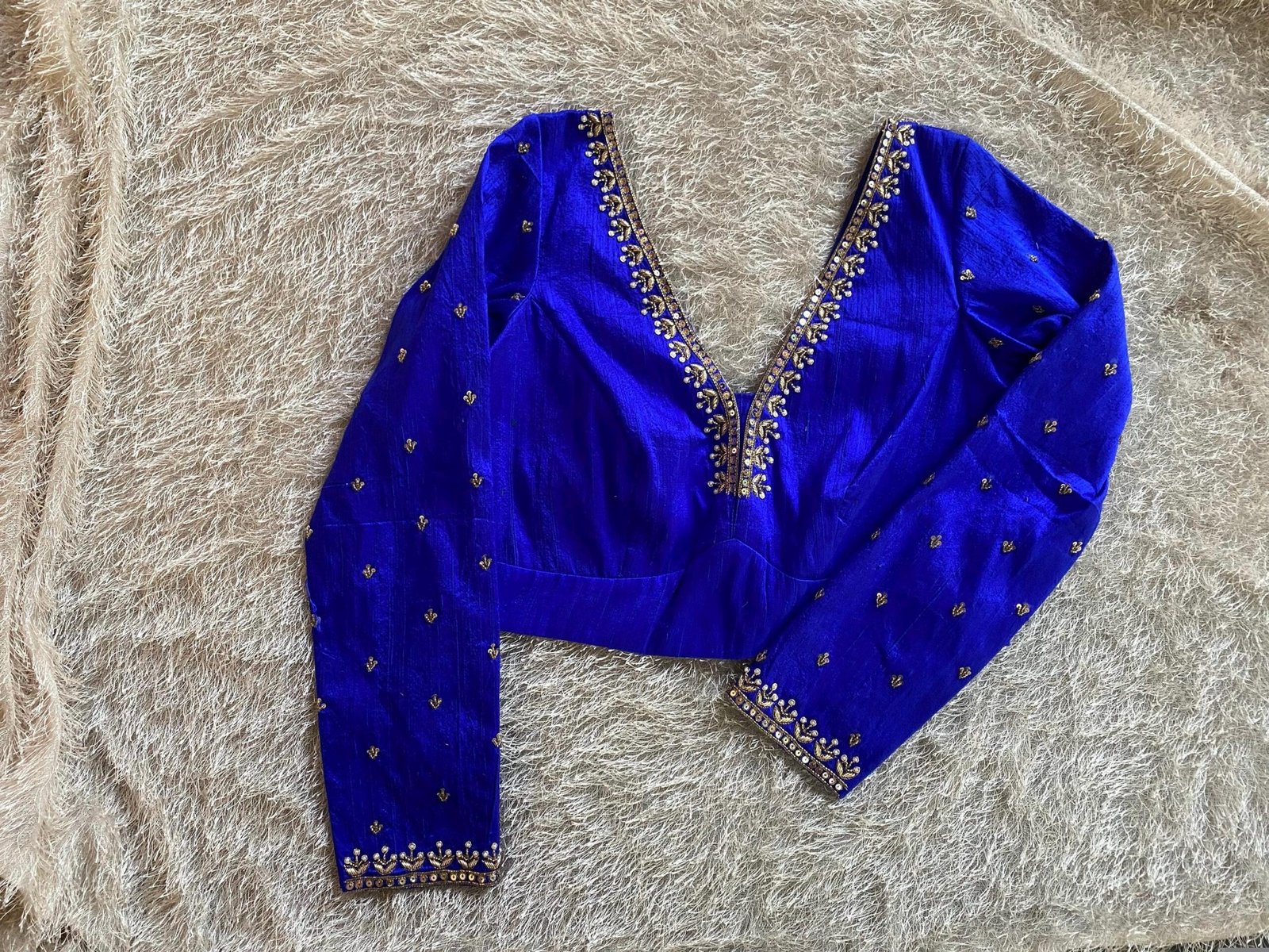 Royal Blue Silk Saree Blouse: Hand Embroidered Zardosi Maggam, Full Sleeve