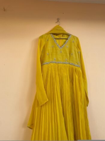 Yellow Anarkali Suit: Hand Embroidered Zardosi Indian Dress