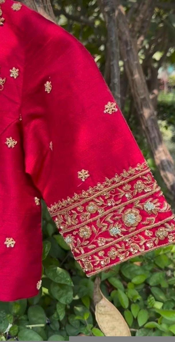 Red Silk Saree Blouse: Hand Embroidered Zardosi Maggam, Elbow Sleeve
