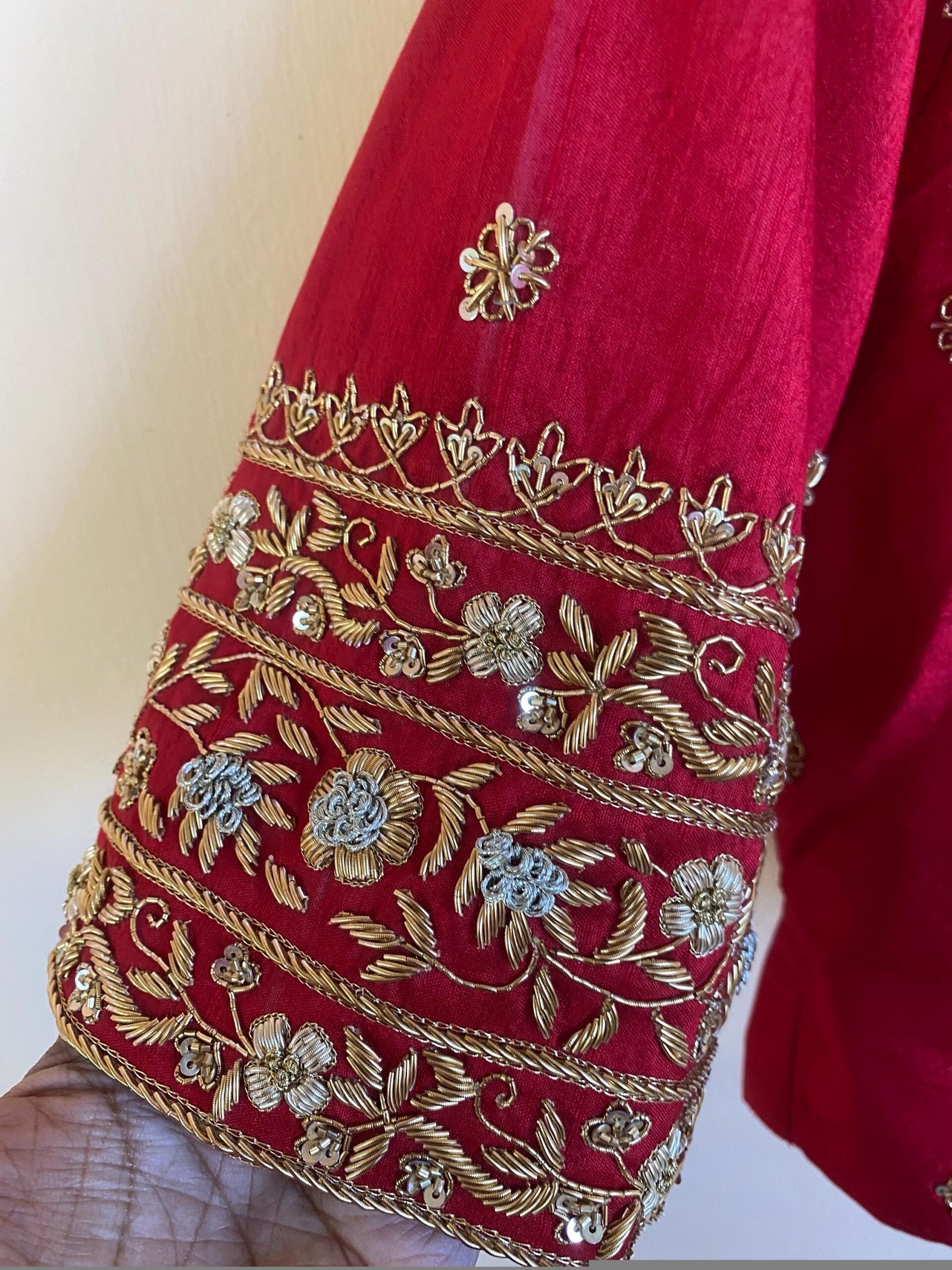 Red Silk Saree Blouse: Hand Embroidered Zardosi Maggam, Elbow Sleeve