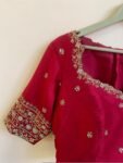 Red Silk Saree Blouse: Hand Embroidered Zardosi Maggam, Elbow Sleeve