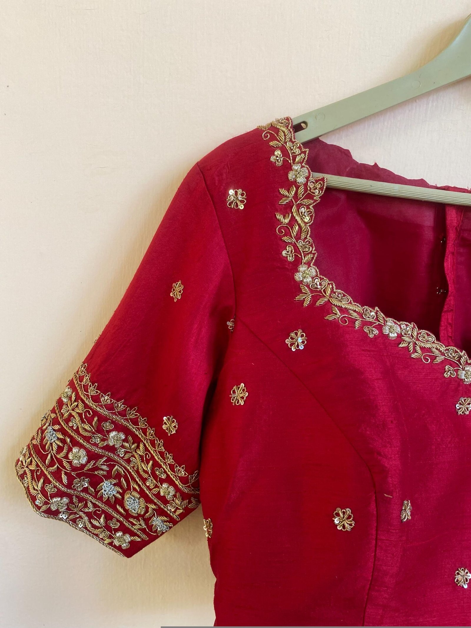 Red Silk Saree Blouse: Hand Embroidered Zardosi Maggam, Elbow Sleeve