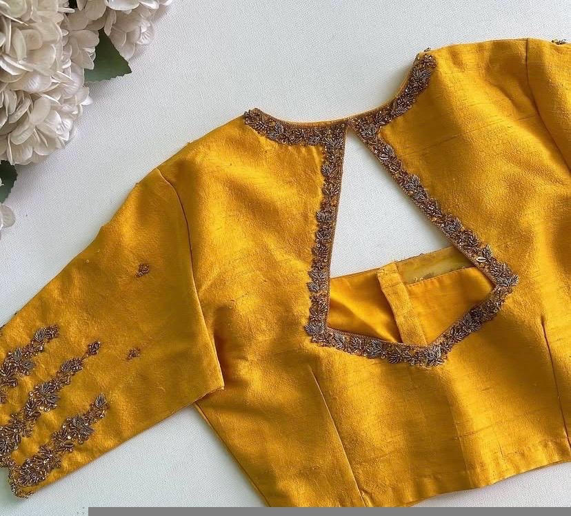 Pure Silk Hand Embroidered Blouse: Yellow Zardosi Maggam Saree Top