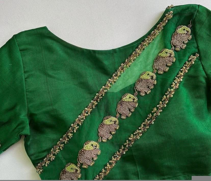 Green Silk Saree Blouse: Hand Embroidered Zardosi Crop Top