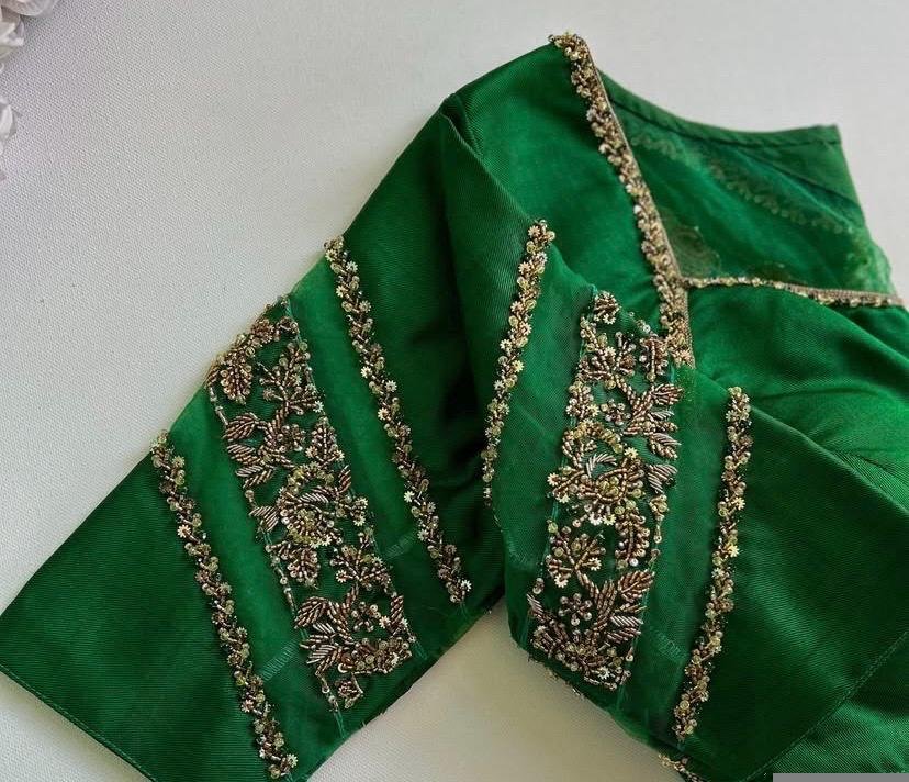 Green Silk Saree Blouse: Hand Embroidered Zardosi Crop Top