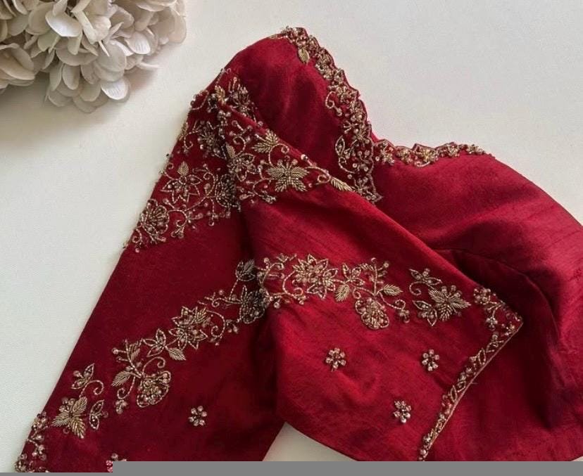 Red Silk Saree Blouse: Hand Embroidered Zardosi Maggam Blouse