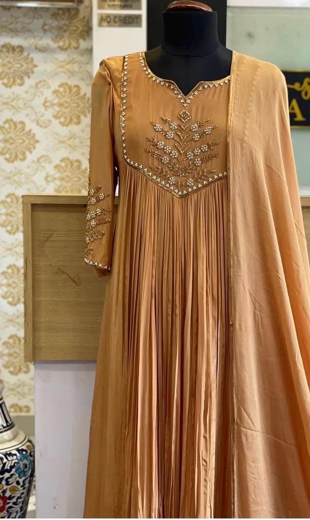Hand Embroidered Anarkali Dress: Beige Orange Indian Suit with Dupatta,anarkali kurta with dupatta,plus size kurta indian,orange kurta set