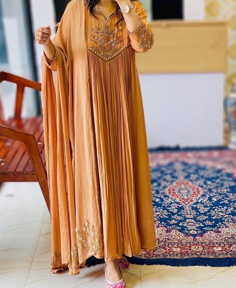 Hand Embroidered Anarkali Dress: Beige Orange Indian Suit with Dupatta,anarkali kurta with dupatta,plus size kurta indian,orange kurta set
