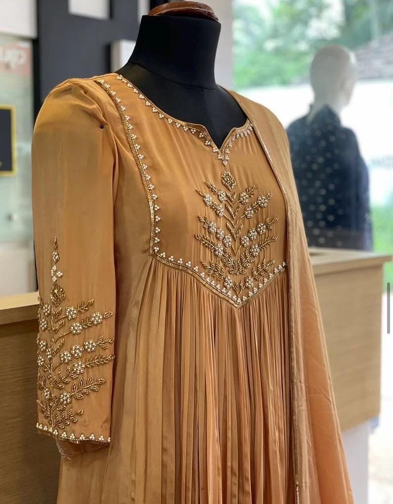 Hand Embroidered Anarkali Dress: Beige Orange Indian Suit with Dupatta,anarkali kurta with dupatta,plus size kurta indian,orange kurta set