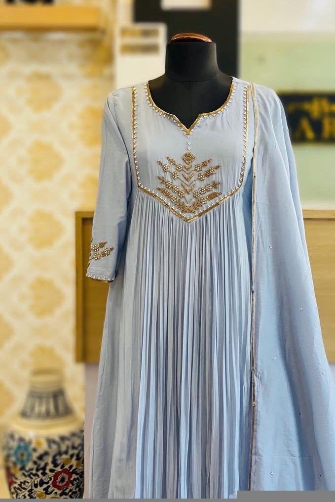 Hand Embroidered Anarkali Dress: Ice Blue Indian Suit with Dupatta