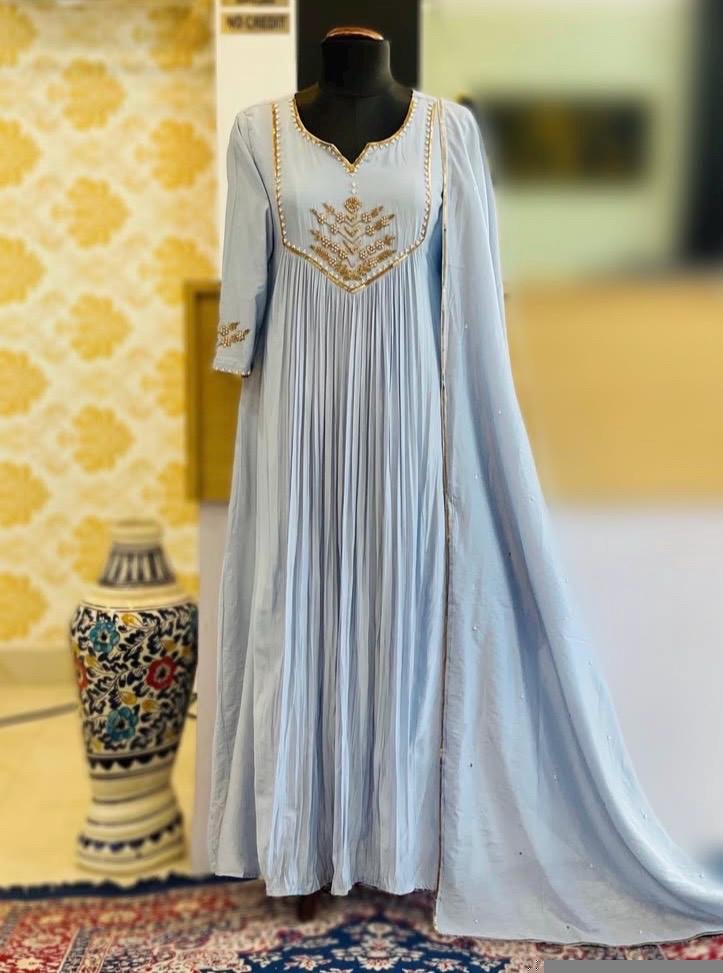 Hand Embroidered Anarkali Dress: Ice Blue Indian Suit with Dupatta