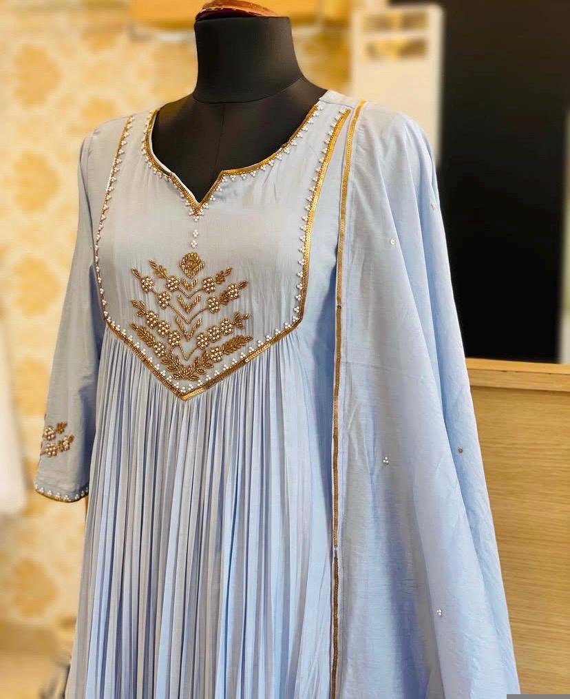 Hand Embroidered Anarkali Dress: Ice Blue Indian Suit with Dupatta