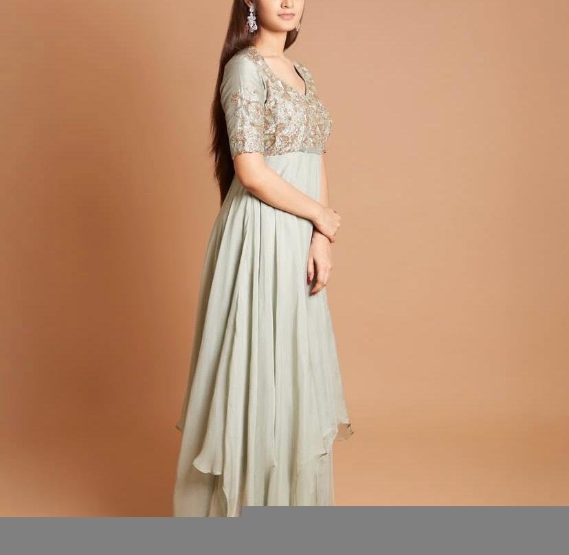 Hand Embroidered Anarkali Suit: Light Pista Green Indian Dress