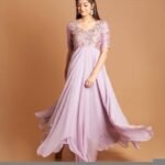 Lavender Anarkali Dress: Hand Embroidered Zardosi Raw Silk Indian Gown