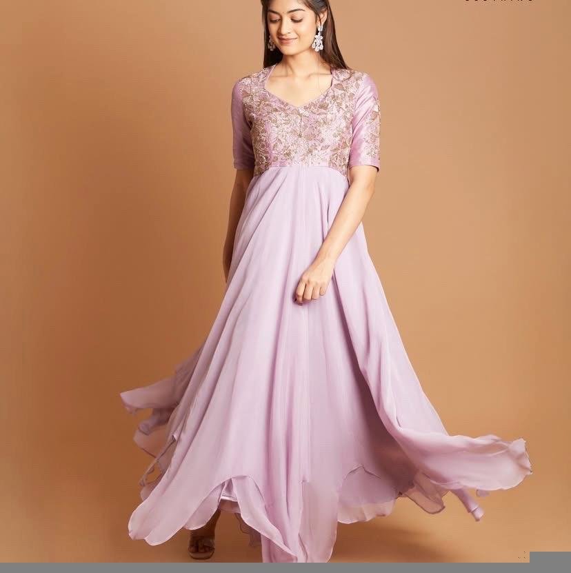 Lavender Anarkali Dress: Hand Embroidered Zardosi Raw Silk Indian Gown