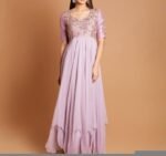 Lavender Anarkali Dress: Hand Embroidered Zardosi Raw Silk Indian Gown