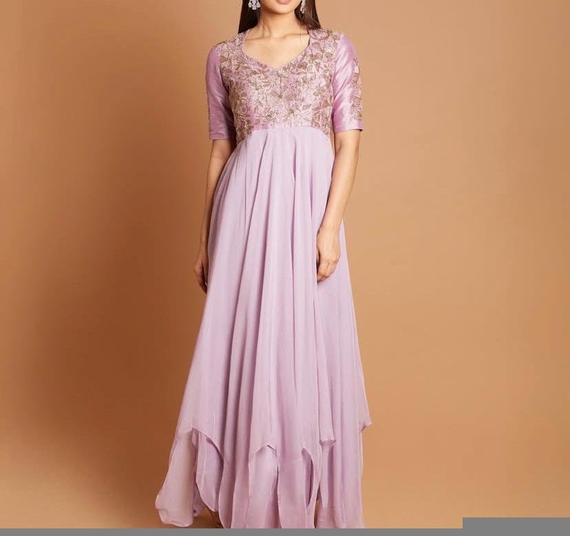 Lavender Anarkali Dress: Hand Embroidered Zardosi Raw Silk Indian Gown