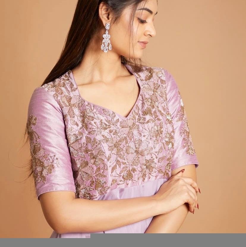 Lavender Anarkali Dress: Hand Embroidered Zardosi Raw Silk Indian Gown