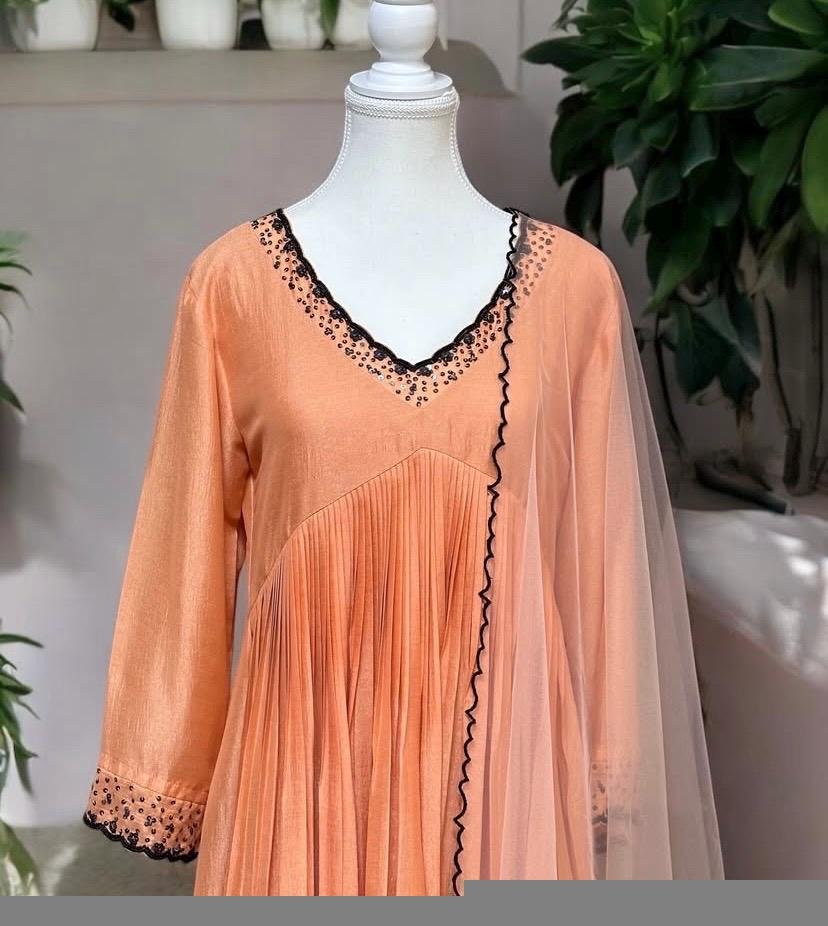 Hand Embroidered Orange Anarkali Dress with Organza Dupatta