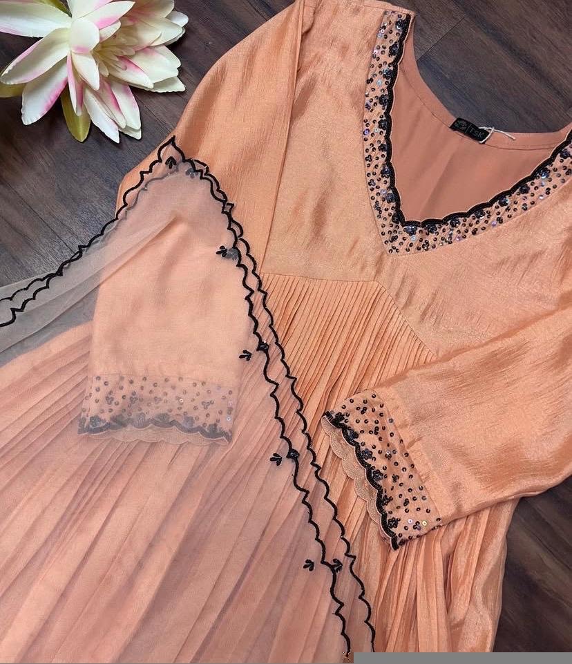 Hand Embroidered Orange Anarkali Dress with Organza Dupatta
