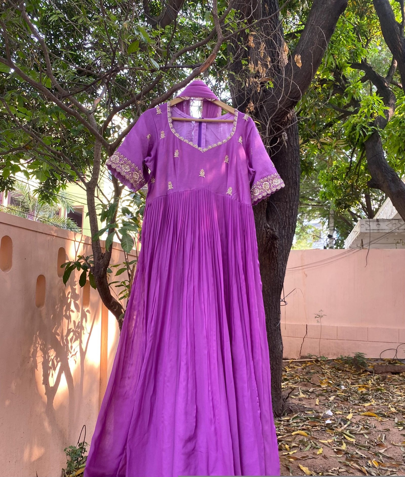 Hand Embroidered Lavender Anarkali Dress: Silk Indian Gown with Dupatta