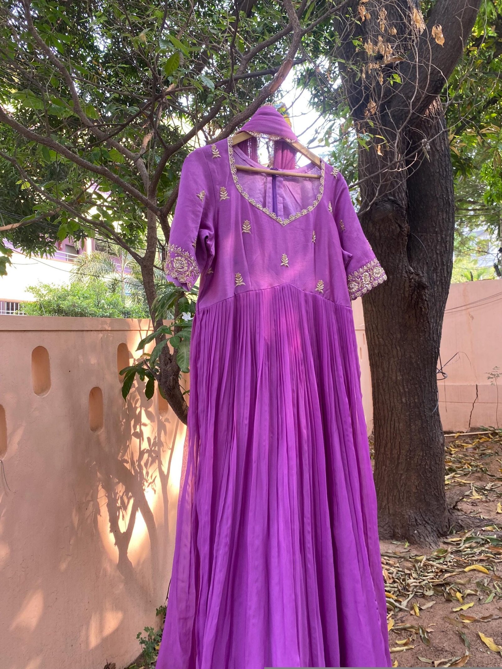 Hand Embroidered Lavender Anarkali Dress: Silk Indian Gown with Dupatta