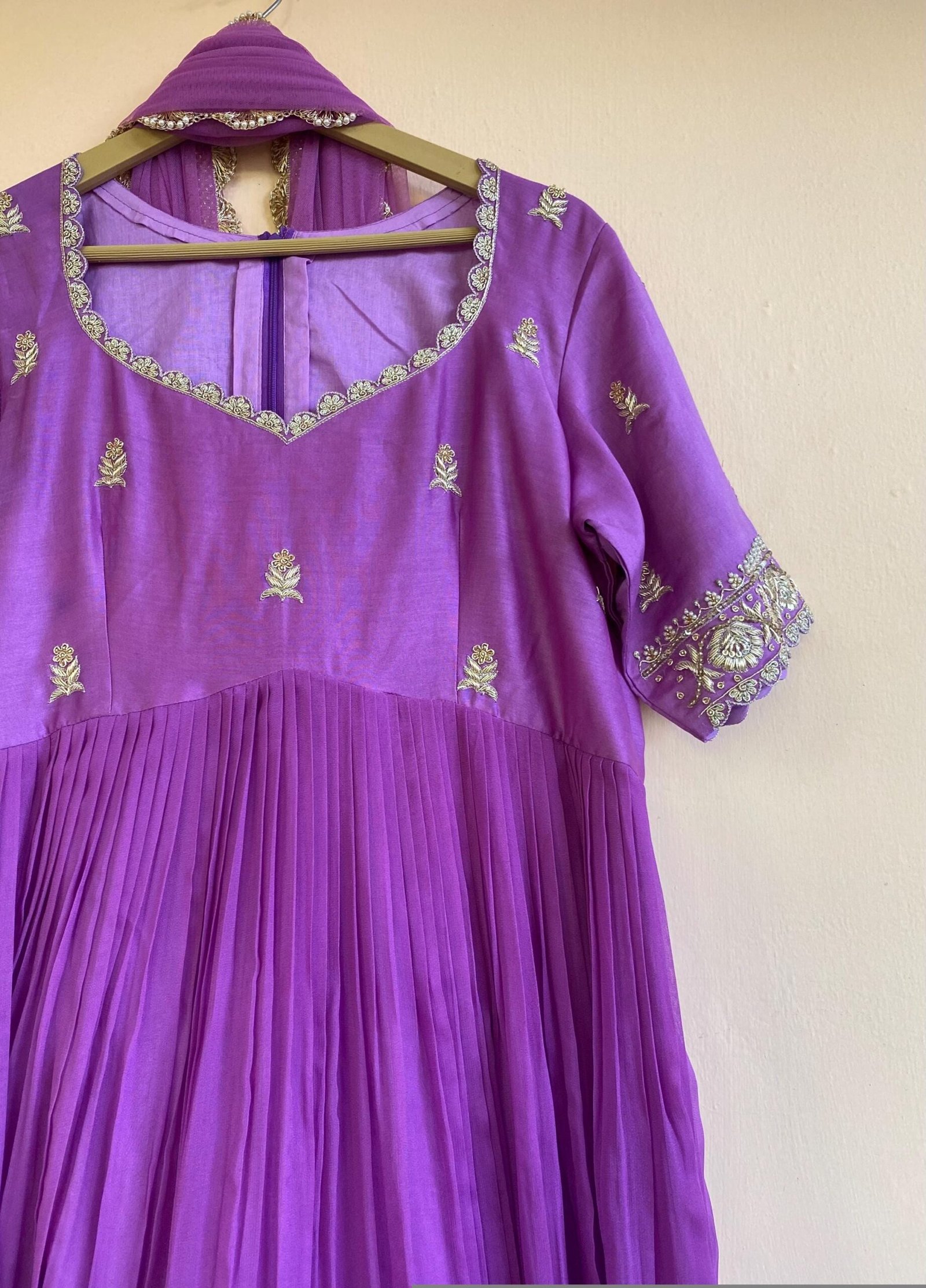 Hand Embroidered Lavender Anarkali Dress: Silk Indian Gown with Dupatta