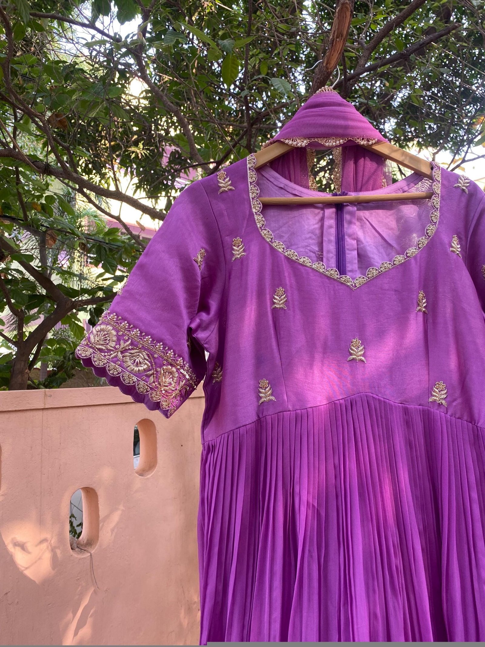 Hand Embroidered Lavender Anarkali Dress: Silk Indian Gown with Dupatta
