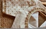 Hand Embroidered Cream Silk Saree Blouse: Zardosi Maggam Work