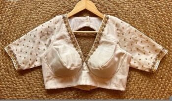 Hand Embroidered Silk Saree Blouse: Cream Zardosi Maggam Blouse