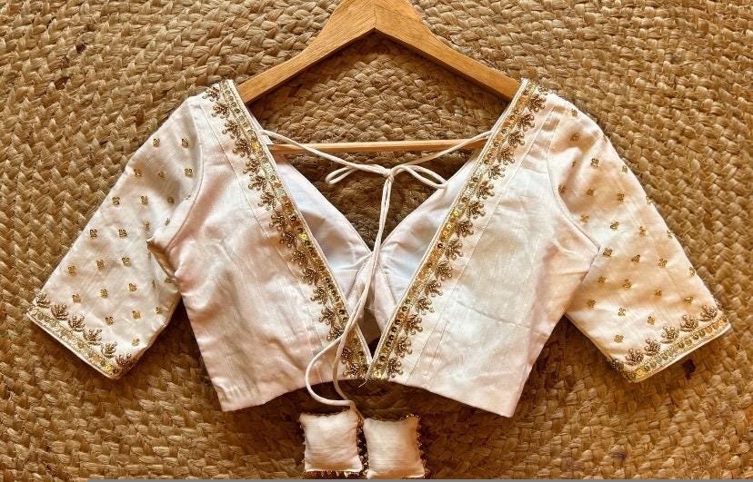 Hand Embroidered Silk Saree Blouse: Cream Zardosi Maggam Blouse