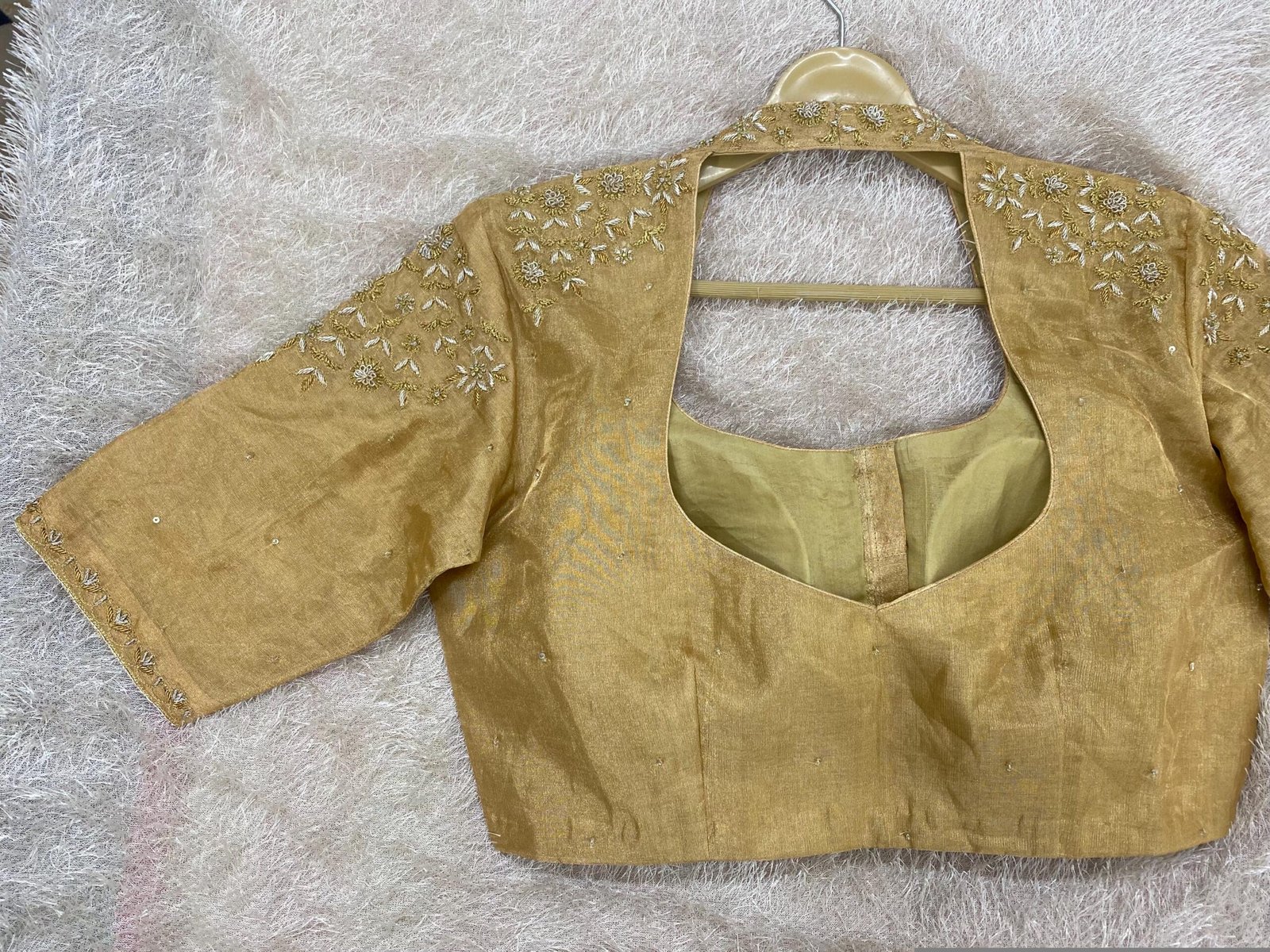 Hand Embroidered Pure Silk Saree Blouse: Gold Zardosi Maggam