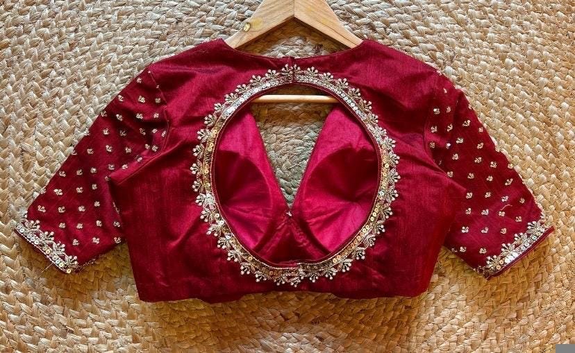 Hand Embroidered Silk Saree Blouse: Red Zardosi Maggam Blouse
