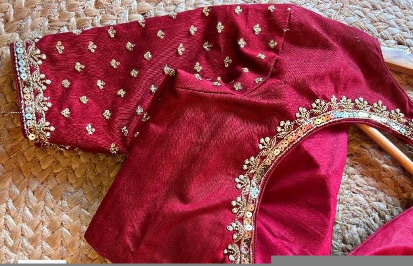 Hand Embroidered Silk Saree Blouse: Red Zardosi Maggam Blouse