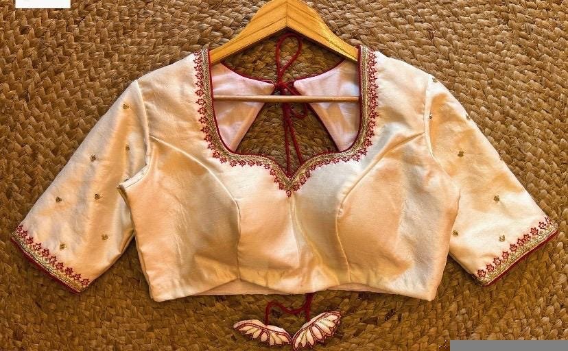 Cream Silk Saree Blouse: Hand Embroidered Zardosi Maggam, Elbow Sleeve