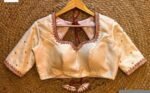 Cream Silk Saree Blouse: Hand Embroidered Zardosi Maggam, Elbow Sleeve
