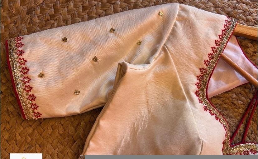 Cream Silk Saree Blouse: Hand Embroidered Zardosi Maggam, Elbow Sleeve