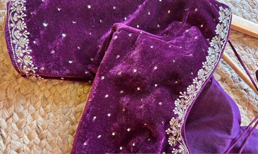 Magenta Velvet Saree Blouse: Hand Embroidered Zardosi Maggam Work