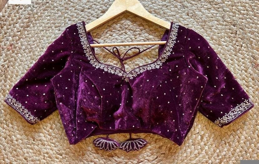 Magenta Velvet Saree Blouse: Hand Embroidered Zardosi Maggam Work
